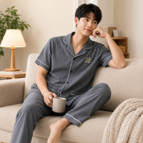 남성 클라우드 코튼 반팔 파자마 상하의 세트 여름 부드러운 피부친화 홈웨어 잠옷
