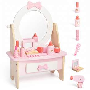 WoodenFun 어린이 원목 핑크 화장대 세트 소꿉놀이 접이식 공주 테이블 화장대 7pcs 1세트