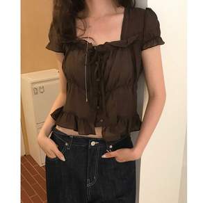 영메이 YM23670 여성 러블리 쉬폰 스퀘어넥 소매밴딩 팔뚝커버 시스루 블라우스