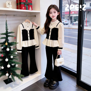 ZPEIZ 봄 가을 여아 초등 학생 캐주얼 블라우스 긴팔 티셔츠 플레어팬츠 긴바지 주니어 상하복 세트