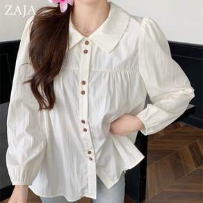 ZAJA 여성 가을 블라우스 긴팔 루즈핏 피터팬 칼라 셔츠