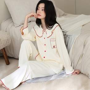 ANYOU 여성 가을겨울 잠옷 세트 빅카라 배색 긴팔 긴바지 투피스 파자마 홈웨어