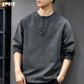 ZPEIZ 남성 순면 헨리넥 긴팔 티셔츠 봄가을 루즈핏 캐주얼 데일리 면티