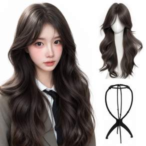 블레오 자연스러운 여신 롱 웨이브 통가발 거치대 가발망 포함