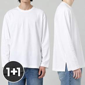 1+1 워싱 고퀄리티 프리미엄 컴팩트 코튼의 옆트임 롱기장 레이어드 면 긴팔티 M~3XL