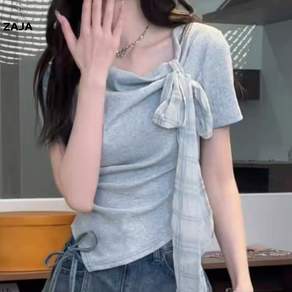 ZAJA 여름 여성 언밸런스 티셔츠 옆트임 리본 슬림 반팔 티셔츠