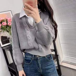 vosim 여성 봄가을 셔츠 레이어드 브이넥 케이블 니트 오버핏 긴팔 프레피룩