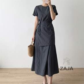 ZAJA 여성 여름 베이직 반팔 라운드 원피스 벨트 오피스룩 롱원피스