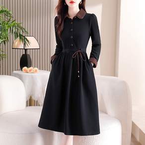 WIHOLL 여성 슬림 오피스룩 원피스 긴팔 블랙 버튼 A라인 카라 셔츠 원피스