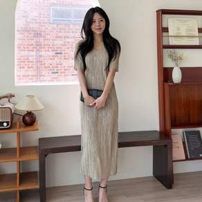 디테일웨어 여성 매직 주름 롱원피스 브이넥 플리츠 주름 편한원피스 임부복 신축성 좋은 반팔원피스 시원한 여름원피스