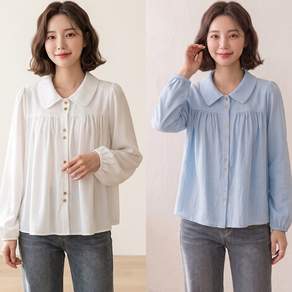 1+1 빅사이즈 여성 가을 블라우스 둥근칼라 루즈핏 뱃살커버 찰랑핏 긴팔 출근룩 데일리 상의