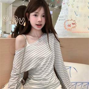 ZIVIA 여성용 봄 가을 캐주얼 스타일 루즈핏 스트라이프 오프숄더 긴팔 면티