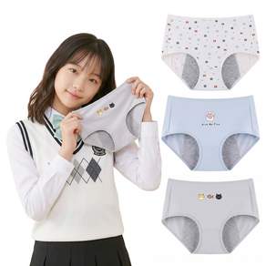 르브니 주니어 순면 안감 3중 샘방지 위생팬티 초등 여아 안심 초경 생리팬티 3장