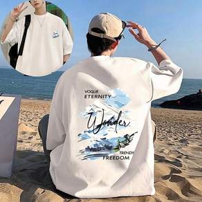 FONOW 반팔면티 순면 100% 남성 루즈핏 반팔 티셔츠 빅사이즈 패션 여성 편안한 통기 여름 캐주얼 라운드 티셔츠 대자연 풍경 양면 프린트 디자인 빅사이즈여성쇼핑몰