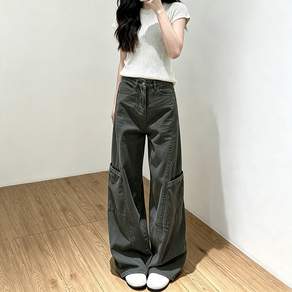 JLVJ 여성 바지 와이드 청바지 초대형 포켓 롱 핏 카고바지