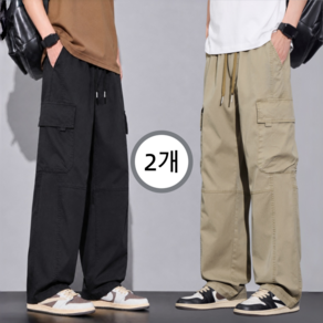 1+1 남자 작업복바지 스트레이트 와이드 레그 멀티 포켓 데일리 여름용 캐주얼 팬츠