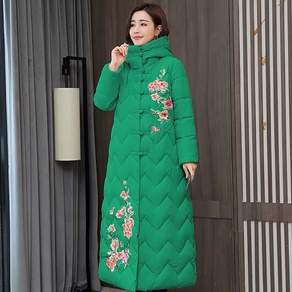 EKEDO 여성 플라워 자수 후드 누빔 매듭단추 롱 패딩 코트