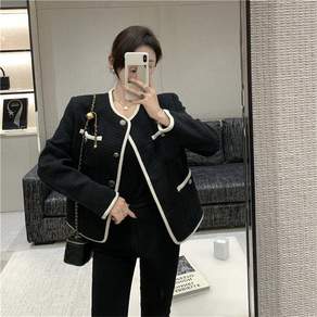 TKX 여성 고급 트위드 자켓 배색 루즈핏 긴절기 외투 포켓 장식