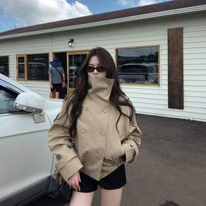 LUNATURE 여성 숏 트렌치코트 하이넥 더블버튼 포켓 루즈핏 간절기 자켓