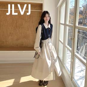 JLVJ 가을겨울 여성긴팔 셔츠 롱 원피스 투피스 조끼 + 원피스 세트