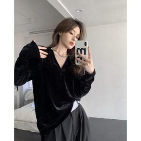 엘라누아르 여성 브이넥 벨벳 긴팔 티셔츠 루즈핏 롱기장 데일리 이너 상의