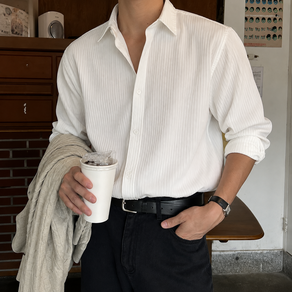스타일닥터 남성용 텍스처 긴팔 티셔츠 무채색 프리미엄 주름감 셔츠