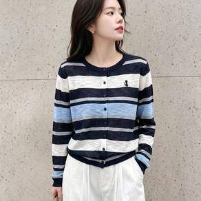 ORZQU 여성 패션 스트라이프 라운드넥 자외선 차단 가디건 가을용 루즈핏 어디에나 잘 어울리는 자수 얇은 상의