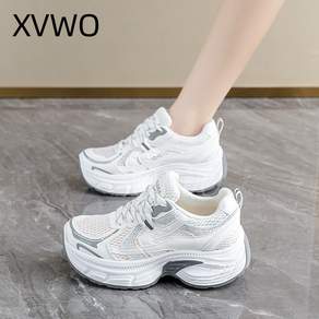 XVWO 여성 통굽 키높이 운동화 메쉬 스니커즈 어글리슈즈 발편한 레이스업 워킹화 캐주얼 신발