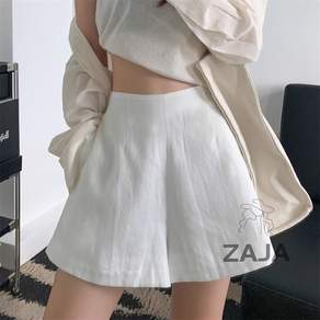 ZAJA 여성 여름 뒷밴딩 린넨 반바지 하이웨스트 데일리 와이드 반바지