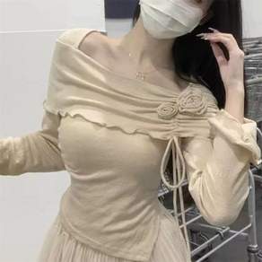 VEZRI 여성 가을 플라워 엠보 티셔츠 드로스트링 벨루 소매 숏기장 탑