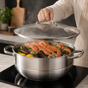 리쿡 특대형 인덕션 스테인레스 가정용 찜기+전골냄비 세트, 1개, 34cm
