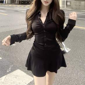 슬림소녀 여성용 봄가을 슬림 셔링 긴팔 캐주얼 셔츠 미니 원피스