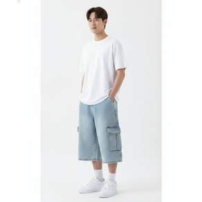 UNDEROFF 워싱 카고 버뮤다 데님 팬츠 라이트블루