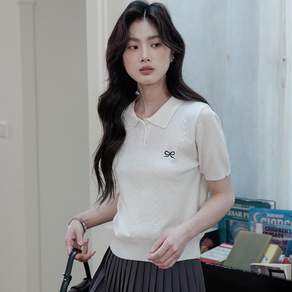 스타일닥터 여성 리본 폴로 니트 반팔 발레코어 슬림핏 여성 여름 티셔츠 데일리 슬림핏 여자 반팔