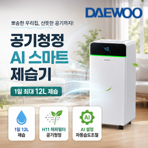 [26년형 AI 공기청정 H11필터] 대우 12L 가정용 제습기 스마트 아기방 저소음 원룸 건조기 습기제거 결로 드레스룸 화장실 사무실 작은방 거실 연속배수 자동배수 무소음