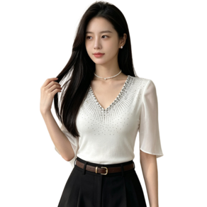 뉴타임즈 브이넥 큐빅 쉬폰 나팔 반팔 티 라인 댄스복 상의