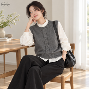 CemvnKeim 여성 오버핏 루즈핏 니트 조끼 가을 겨울 민소매 케이블 레이어드 베스트 조끼
