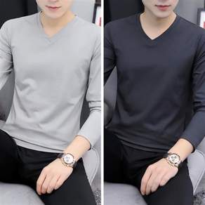 네이니 1+1 남자 빅사이즈 브이넥 긴팔티 가을겨울 간절기 슬림핏 순색 이너웨어 트렌디 데일리 스판 베이직 소프트 아우터 상의 2매입