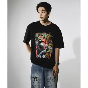 [바쥬비쥬] 남녀공용 콜라주 고양이 프린팅 반팔 티셔츠