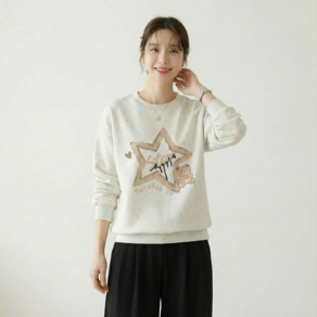 SSING YUN 여성 러블리 별 곰돌이 일러스트 맨투맨