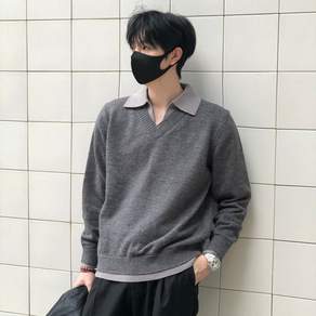 MOTRIA남자니트 오버핏 배색 레이어드 카라 브이넥 긴팔 가을 겨울 니트 스웨터 캐주얼 풀오버