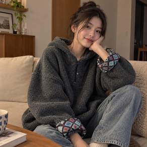 vosim 여성 겨울 기모안감 하프집업 오버핏 후드티 에스닉 패턴 소매배색 롱기장