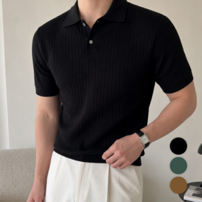 르멘토 남성용 반팔 티셔츠 카라 쿨니트 골지 비즈니스 캐주얼 스탠더드핏 세로 여름 댄디