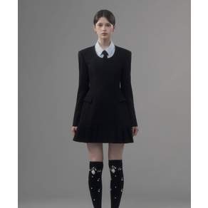 마우솔레움 MAU SOLEUM Jenn Round Neck Pleated Suit Jacket Dress - Black