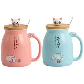 투데이리빙 2개 세트 고양이 뚜껑 머그컵 500ml + 스푼 포함 예쁜 머그잔 커피잔 집들이 선물 귀여운 컵세트 가벼운 도자기 고급 머그 물컵