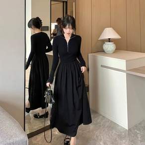 ANYOU 가을 여성의류 하프집업 칼라 긴팔 롱원피스 슬림허리 플레어스커트 포켓 디자인 데일리 외출용 블랙 원피스