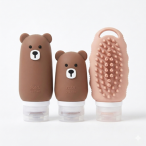 여행용 곰돌이 실리콘 공병 세트 화장품 소분 용기 3in1 브러쉬 클렌징 세안 브러쉬 두피마사지 샴푸공병 새지않는 기내반입 100ml 여행용 공병 세트