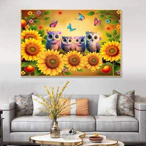 보석십자수 인테리어 DIY 비즈 재물 행운의 행복한 부엉이 가족 해바라기 80X50cm (액자미포함)