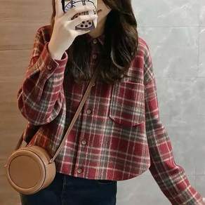 여성 봄가을 체크 무늬 긴팔 숏 셔츠 자켓