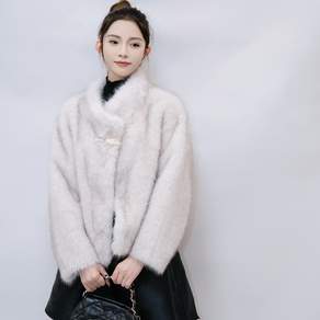 Stacofiya 겨울 여성 인조퍼 하이넥 오리발단추 숏 코트